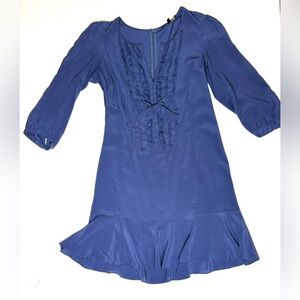 Nanette Leopore 100% Silk Blue Ruffle Neckline Sheath Long Sleeve Dress Size 4